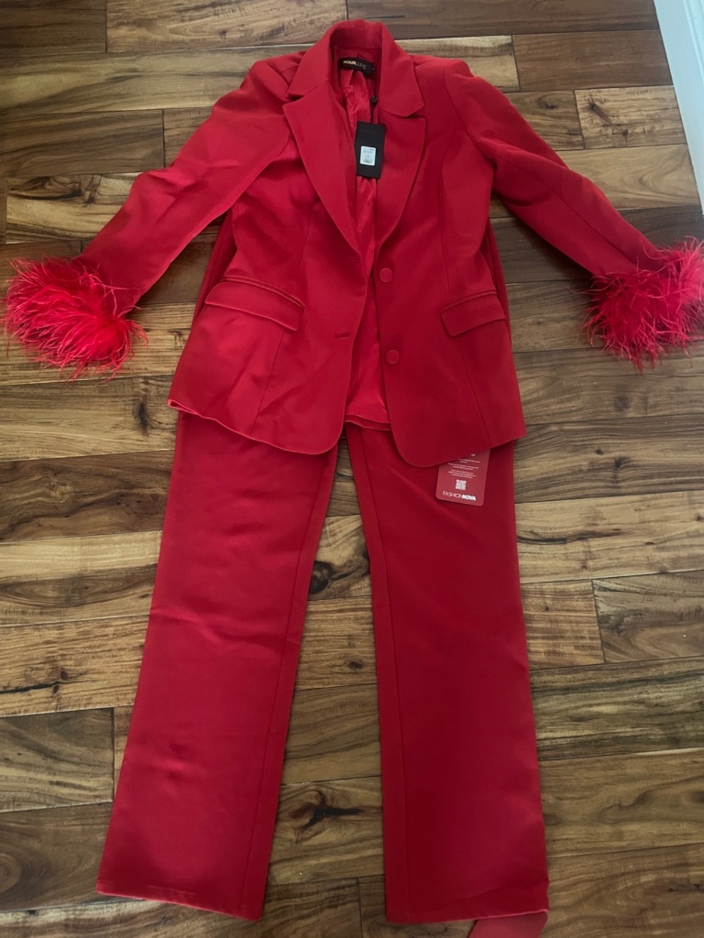 Fashion Nova Red Feather-Cuff Blazer & Wide-Leg Pants Set